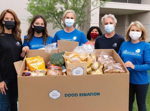Group of volunteers using smartphones, representing teamwork, communication, and nonprofit organization support.